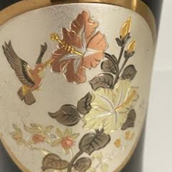 Vintage Vase ''Art of Chokin'' Black with 22' Karat Gold Trim with Floral Japan - Picture 3 of 6